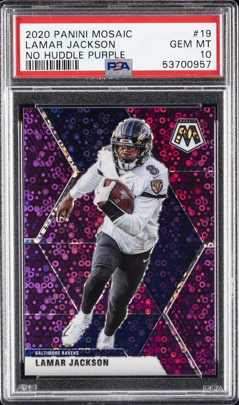 2020 PANINI MOSAIC NO HUDDLE PURPLE #19 LAMAR JACKSON #/50 PSA 10 view 1