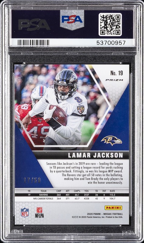 2020 PANINI MOSAIC NO HUDDLE PURPLE #19 LAMAR JACKSON #/50 PSA 10 view 2