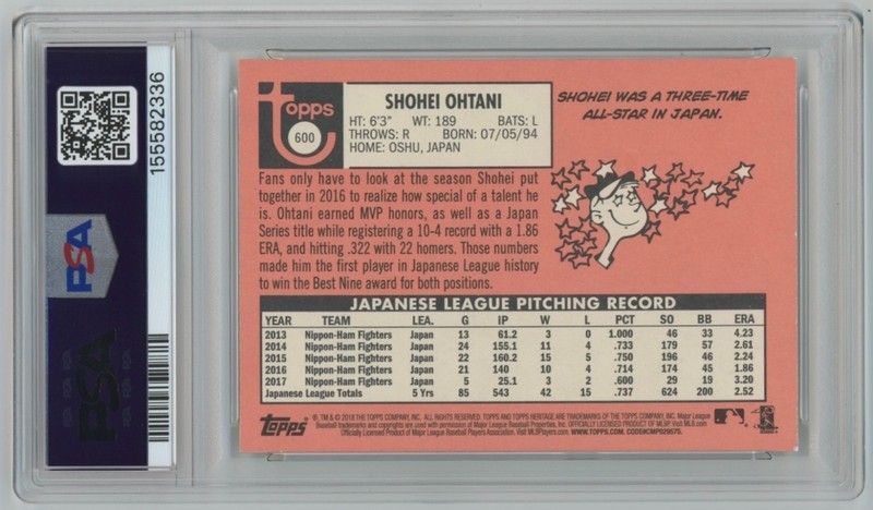 2018 Topps Heritage Shohei Ohtani RC Auto PSA DNA 5/7 #600 Rookie Autograph view 2