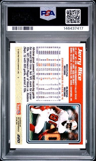 1995 Topps #220 Jerry Rice Card PSA 10 RARE Low Pop 63 HOF San Francisco 49ers view 2