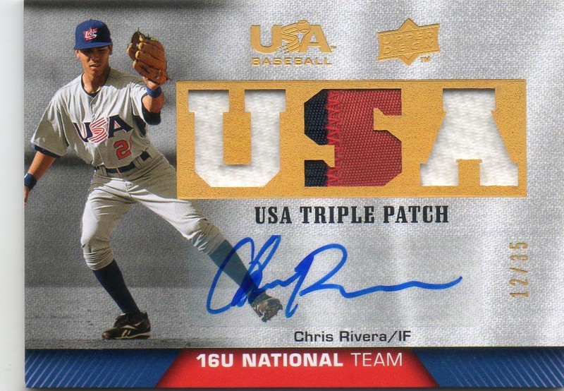 CHRIS RIVERA 2009 UD USA BASEBALL GAME-USED 3 COLOR TRIPLE PATCH AUTO RC 12/35