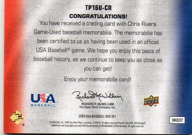 CHRIS RIVERA 2009 UD USA BASEBALL GAME-USED 3 COLOR TRIPLE PATCH AUTO RC 12/35 view 2