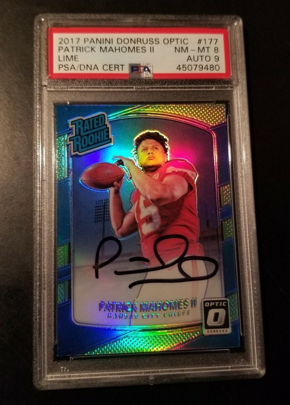 Patrick Mahomes 2017 Panini Donruss Optic Lime Green Prizm RC PSA 8 AUTO 9 1/1 view 2
