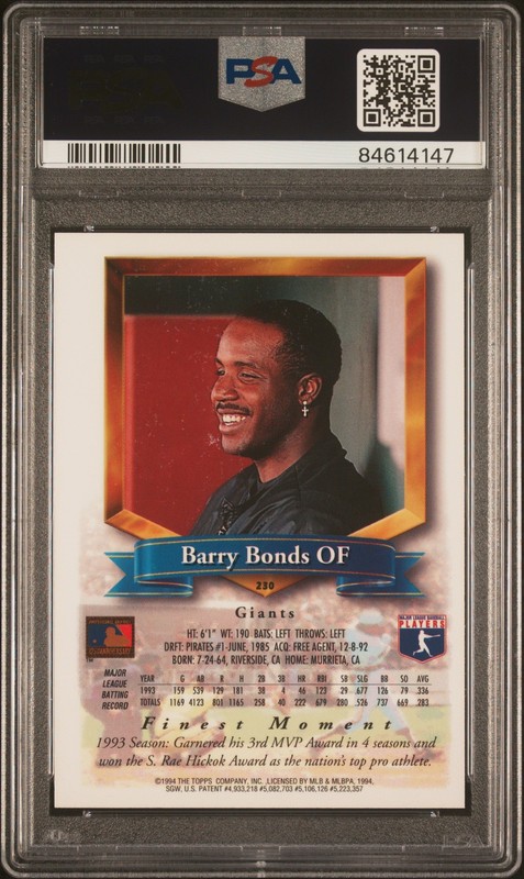 1994 FINEST REFRACTOR #230 BARRY BONDS PSA 8 view 2