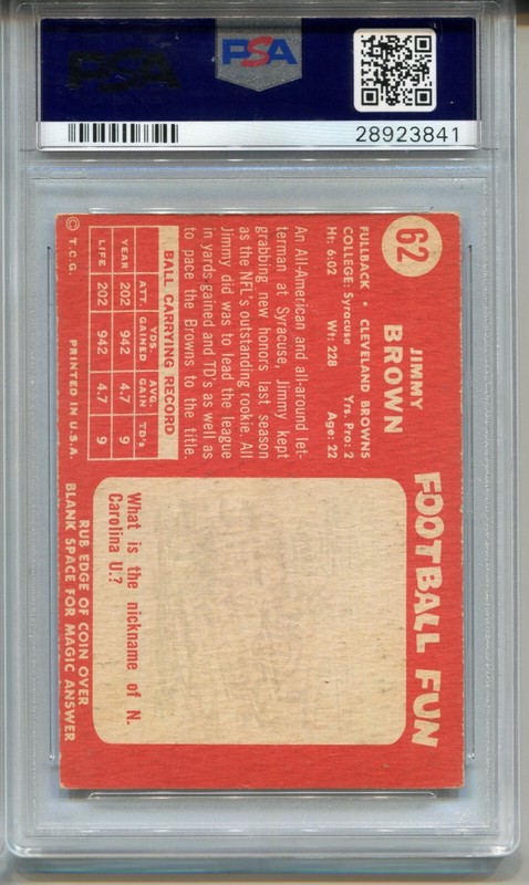 1958 '58 Topps Football #62 Jimmy Jim Brown Rookie Card Graded PSA 5 view 2