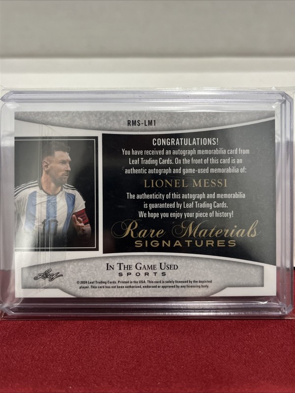 2024 Leaf In The Game Used Rare Materials Signatures Lionel Messi Patch Auto /4 view 2