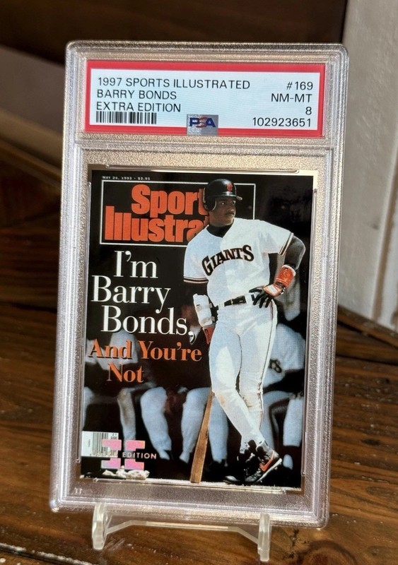 Barry Bonds Baseball Card Serial #75/500 PSA 8 1997 Fleer Extra Edition Holo