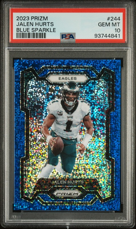 2023 PANINI PRIZM #244 JALEN HURTS BLUE SPARKLE /96 PSA 10 GEM MT