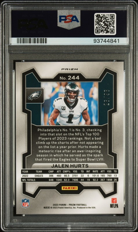 2023 PANINI PRIZM #244 JALEN HURTS BLUE SPARKLE /96 PSA 10 GEM MT view 2