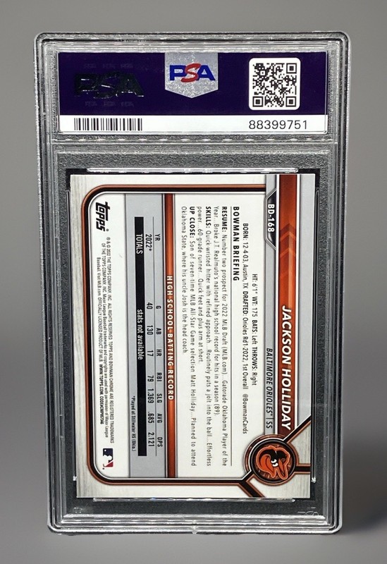 2022 Bowman Chrome Jackson Holliday Variation SP No. BD-168 PSA 10 Orioles view 2