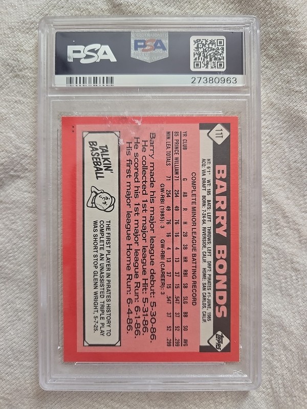 1986 Topps Traded Barry Bonds #11T PSA-8 Rookie RC Pittsburgh Pirates view 2