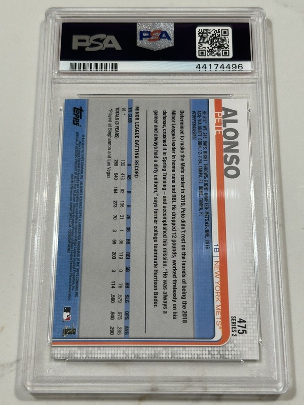 2019 Topps Pete Alonso #475 (with sock showing) RC PSA 8 view 2