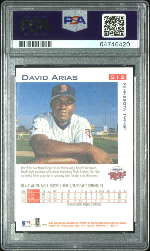 1997 Fleer David Arias Ortiz Rookie RC #512 PSA 10 GEM MT Twins view 2