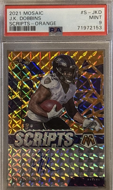 2021 Panini Mosaic — Scripts Orange Autograph (PSA 9) — J.K. Dobbins
