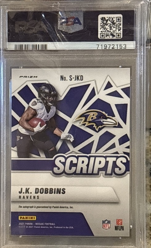 2021 Panini Mosaic — Scripts Orange Autograph (PSA 9) — J.K. Dobbins view 2