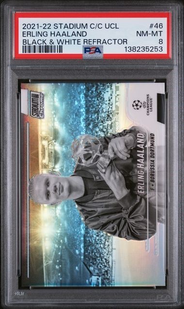 2021 TOPPS STADIUM CLUB CHROME UCL B&W REFRACTOR ERLING HAALAND #46 /299 PSA 8