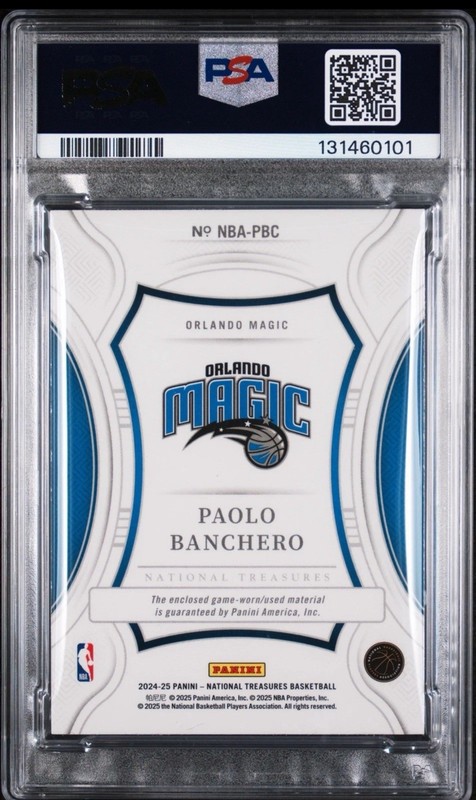 2024 National Treasures Paolo Banchero NBA Materials Patch /25 PSA 9 Game Worn view 2