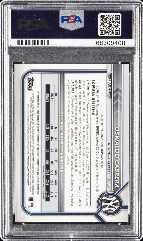 2022 BOWMAN CHROME PRSPCT AUTOS #CPAOC OSWALDO CABRERA 25/25 PSA 10 AUTO view 2