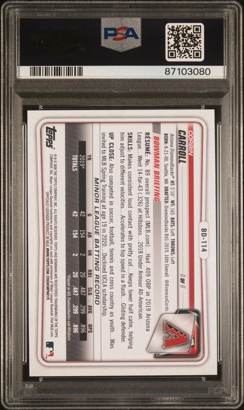2020 Bowman Draft Sky Blue #BD114 Corbin Carroll RC PSA 8 NM-MT [60/499] view 2