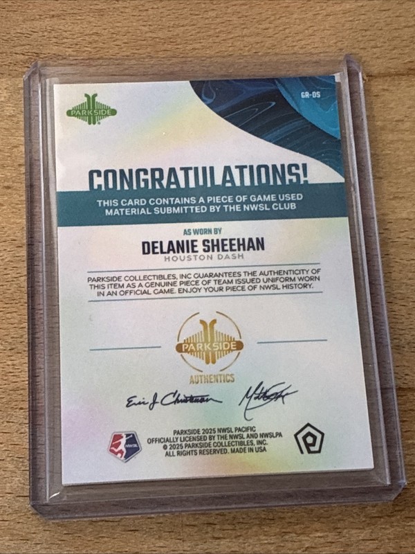 Delanie Sheehan 2025 Parkside NWSL Pacific GAME USED MATCH WORN Jersey Relic view 2