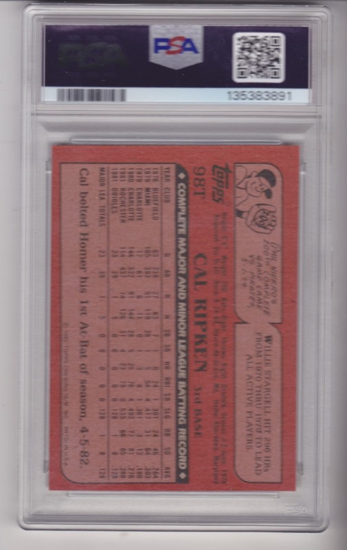 SHARP CAL RIPKEN, JR. 1982 Topps Traded PSA 8 ROOKIE #98T Baltimore Orioles HOF view 2