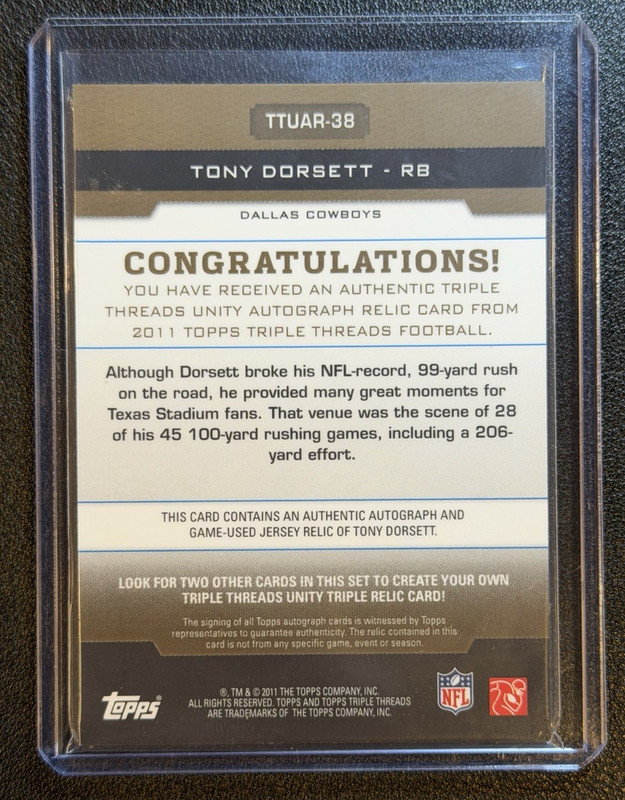 2011 Topps Tony Dorsett Triple Threads Game-Used Patch Auto /75 #TTUAR-38 view 2