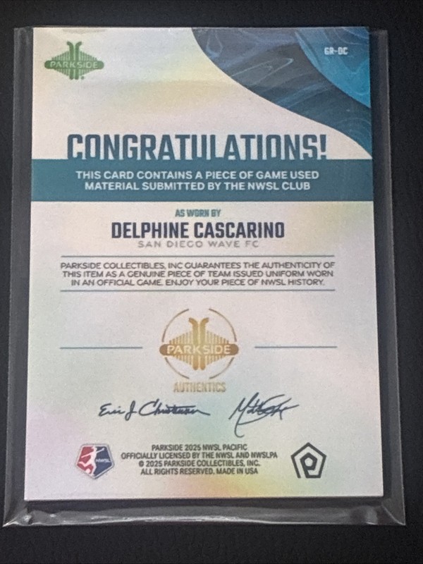 Delphine Cascarino 2025 Parkside NWSL Pacific GAME USED MATCH WORN Relic GR-DC view 2