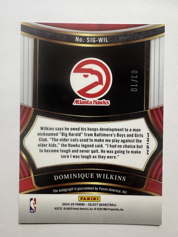2024-25 Panini Select Dominique Wilkins Gold Prizm /10 Signatures Auto Hawks view 2