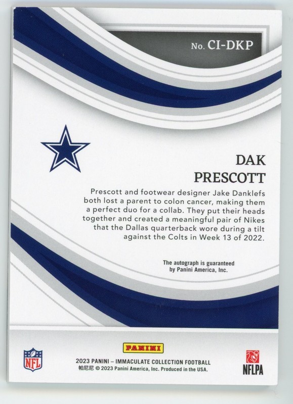 2023 PANINI IMMACULATE DAK PRESCOTT AUTO /25 CLEAT IMPRESSIONS #CI-DKP COWBOYS view 2