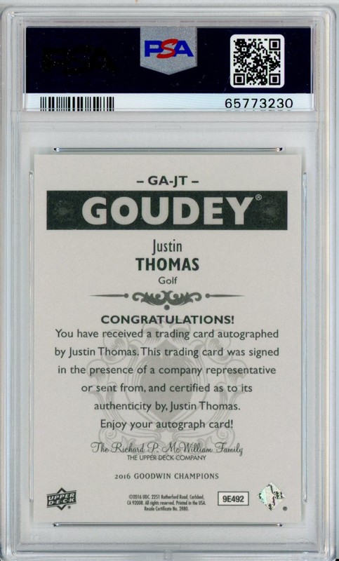 2016 UD Goodwin Champions JUSTIN THOMAS RC Rookie Goudey Autographs AUTO PSA 10 view 2
