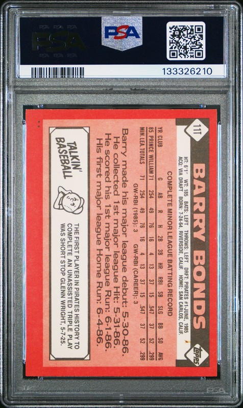 1986 TOPPS TRADED #11T BARRY BONDS ROOKIE RC PSA 7 view 2