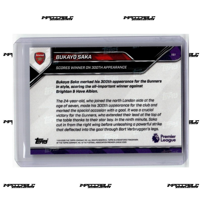2025-26 Topps Now Premier League - #151 Bukayo Saka /1623 300th Appearance view 2