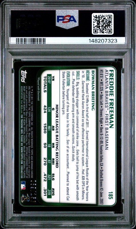 2011 BOWMAN CHROME BLUE REFRACTOR #185 FREDDIE FREEMAN ROOKIE RC 89/150 PSA 6 view 2