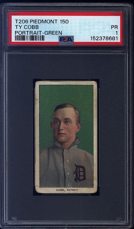 1909-11 White Border Ty Cobb (HOF, Green, Portrait) PSA 1 Centered Baseball Card