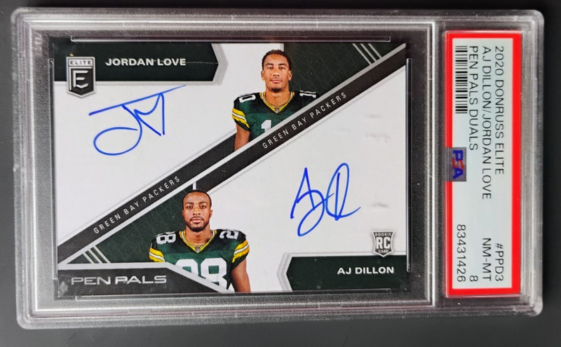 2020 Donruss ELITE AJ Dillon JORDAN LOVE Pen Pals Duals #PPD3 AUTO PSA 8