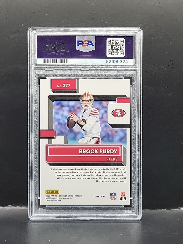 2022 Panini Donruss Optic - Brock Purdy #277 Rated Rookie Purple Shock PSA 9 RC view 2