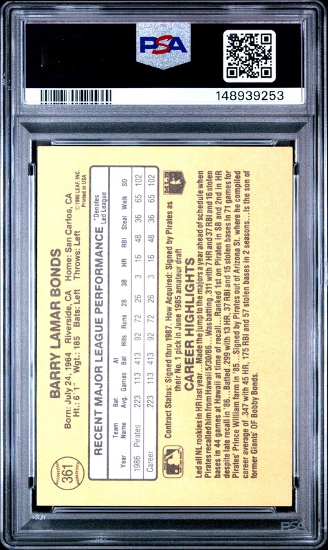 1987 DONRUSS #361 BARRY BONDS ROOKIE RC PSA 9 view 2