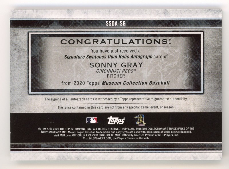 2020 Topps Museum Collection Sonny Gray 1/1 Signature Swatches Dual Patch Auto view 2