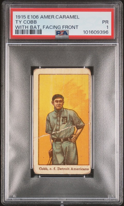 1915 E106 AMERICAN CARAMEL WITH BAT, FACING FRONT TY COBB PSA 1