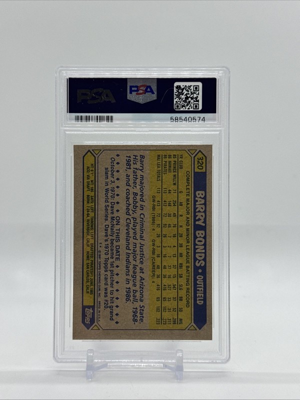 1987 Topps - Barry Bonds #320 (RC) PSA 8 Pittsburgh Pirates Rookie Card HOF view 2