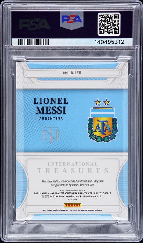 2022 NAT TREASURE WORLD CUP QATAR PATCH SAPPHIRE LIONEL MESSI 1/10 PSA 8 AUTO 10 view 2