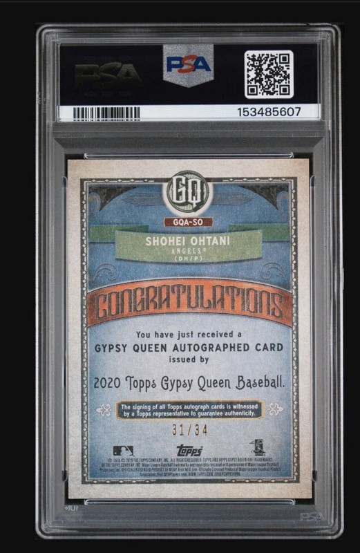 2020 Topps Gypsy Queen Shohei Ohtani Auto Black & White /34 PSA 9 Mint Beauty view 2