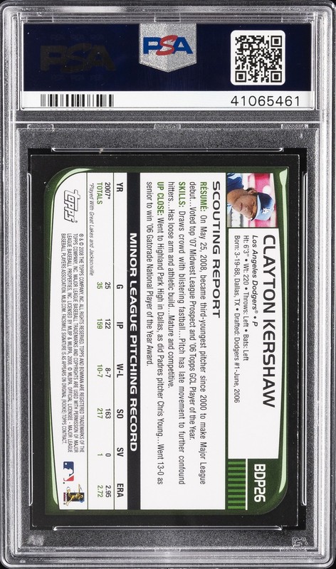 2008 BOWMAN DRAFT #BDP26 CLAYTON KERSHAW ROOKIE RC PSA 9 view 2