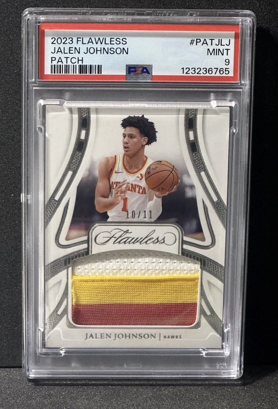 JALEN JOHNSON 2023-24 FLAWLESS PATCH GAME WORN /11 HAWKS #PAT-JLJ PSA 9