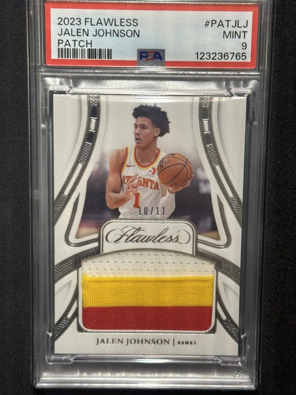 JALEN JOHNSON 2023-24 FLAWLESS PATCH GAME WORN /11 HAWKS #PAT-JLJ PSA 9 view 2
