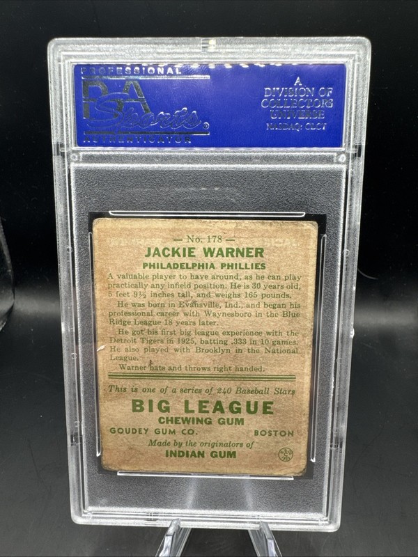 1933 Goudey Big League Chewing Gum - R319 Jack Warner #178 (RC) PSA 2  view 2