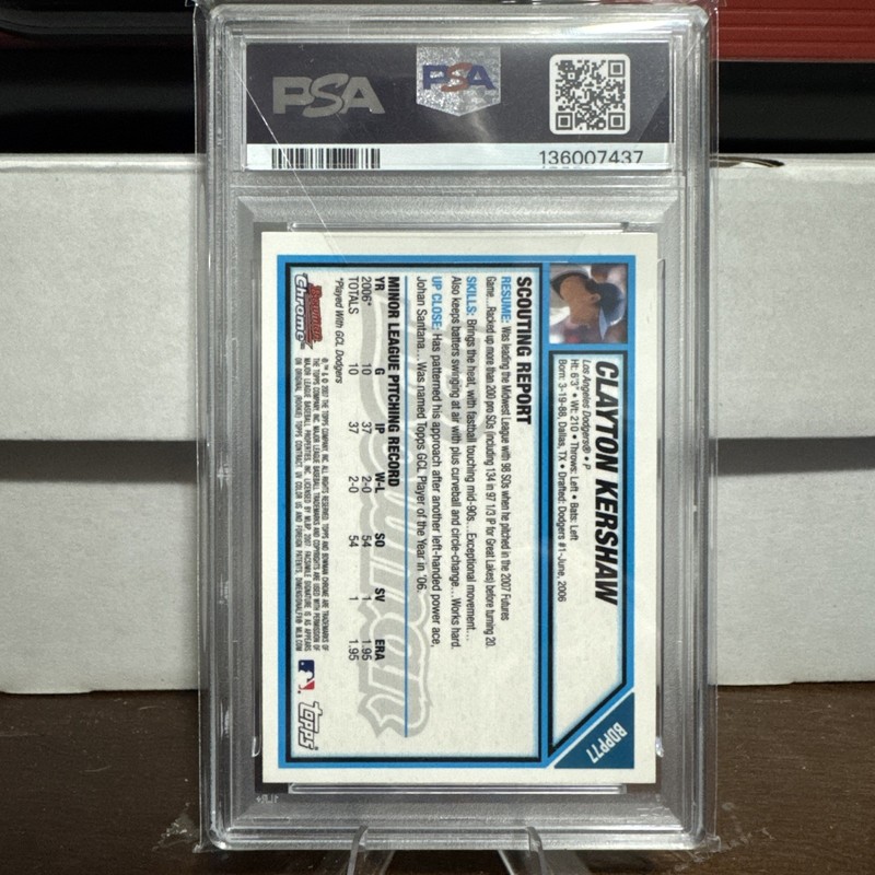 2007 Bowman Draft - Chrome Prospects Clayton Kershaw #BDPP77 (RC) PSA 9 view 2