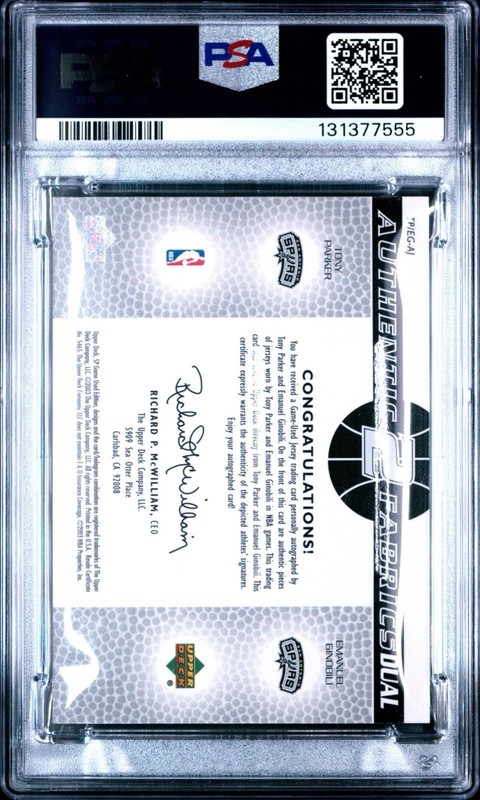 2003-04 SP Game Used Tony Parker Manu Ginobili Fabrics Jersey Auto #/50 PSA 8 view 2