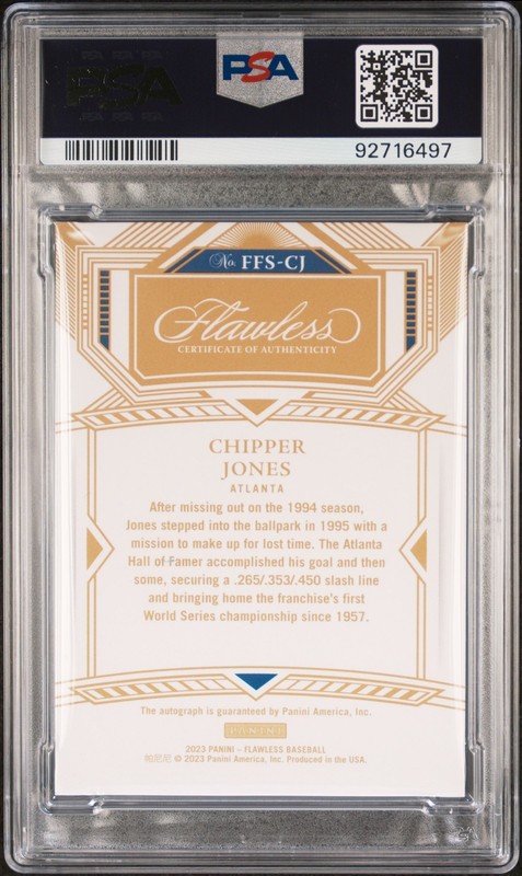 PANINI FLAWLESS FLAWLESSLY FRAMED SIGNATURES CHIPPER JONES 9/20 PSA 8 AUTO 10 view 2