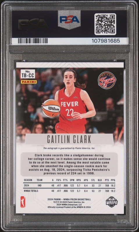 2024 PANINI PRIZM WNBA THROWBACK SIGNATURES #TBCC CAITLIN CLARK PSA 10 AUTO 10 view 2